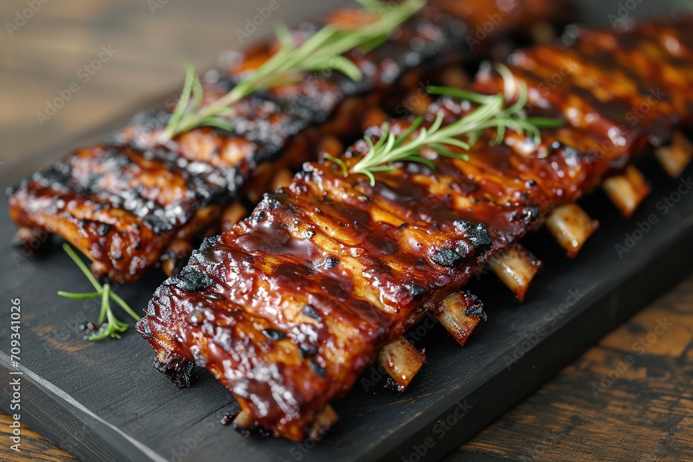 Closeup of pork ribs grilled with BBQ sauce and caramelized in honey. Tasty snack to beer Closeup of pork ribs grilled with BBQ sauce and caramelized in honey. Tasty snack to beer