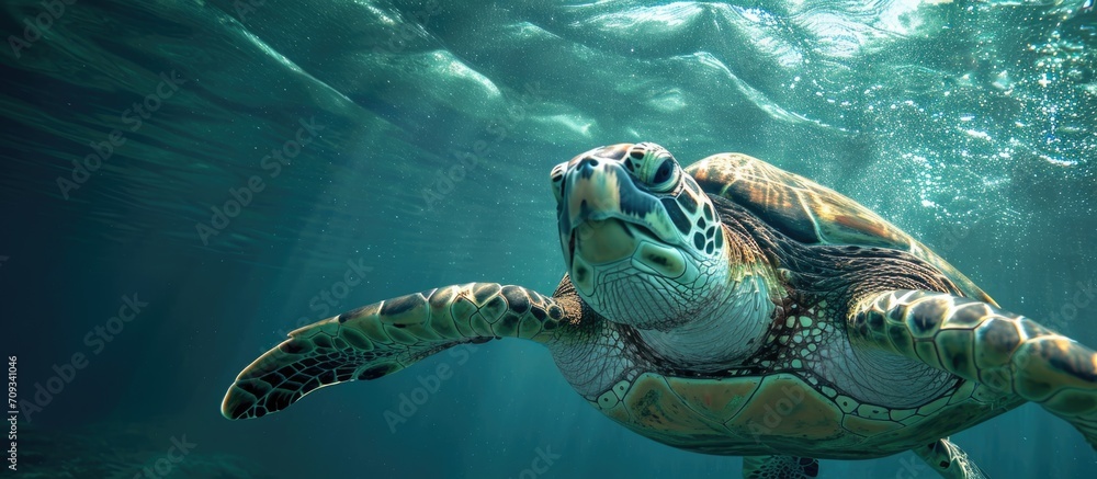 Fototapeta premium Unfettered sea turtle navigation in the vast sea.