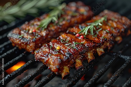 Closeup of pork ribs grilled with BBQ sauce and caramelized in honey. Tasty snack to beer photo