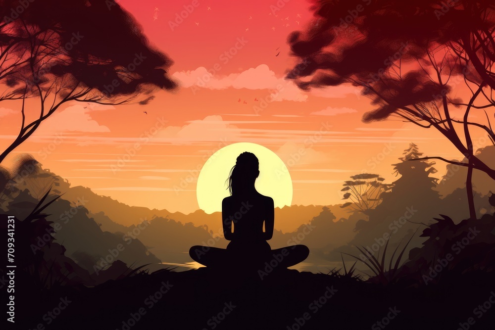 Meditating woman emphasizes mindfulness, meditation, and self-care.