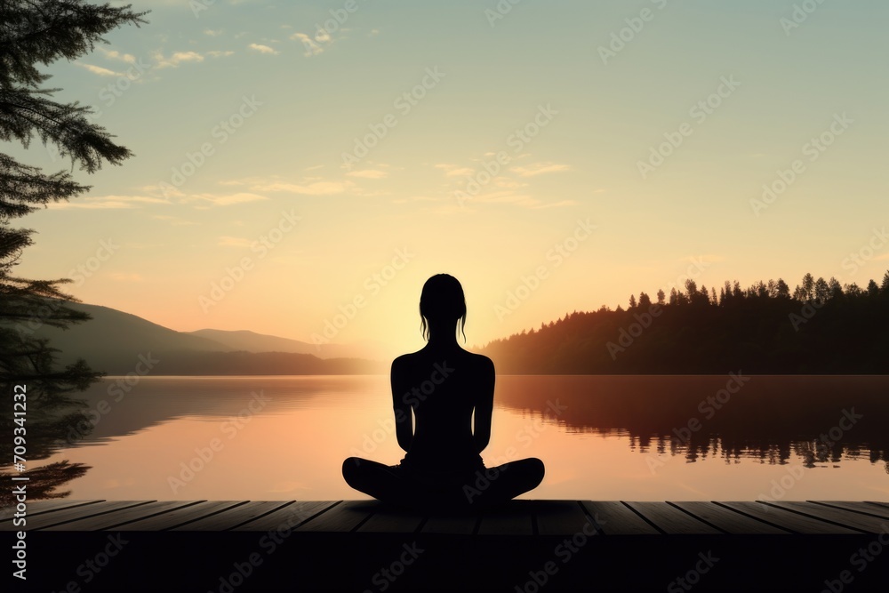 Meditating woman emphasizes mindfulness, meditation, and self-care.