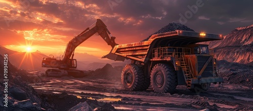 Sunrise in a coal mine with a large dump truck and excavator. photo
