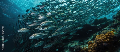 Spot school of dark-colored fish while diving at Barracuda Point, Sipadan Island, Malaysia.