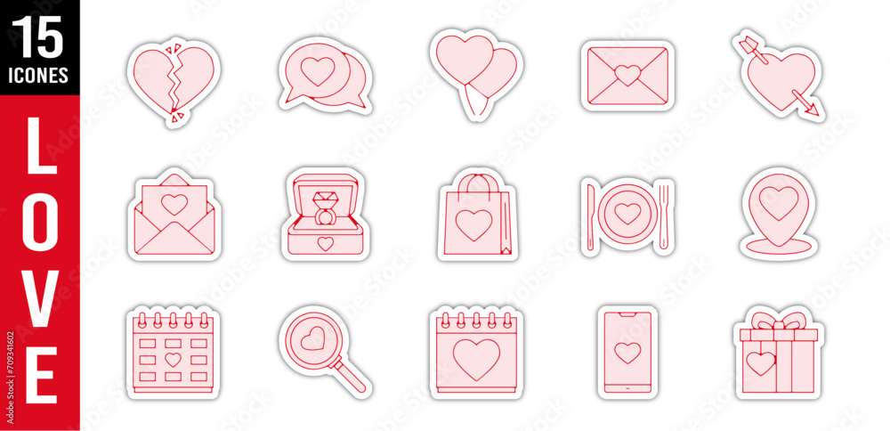 Planche pictogramme icones et symbole amour love saint valentin coeur relief rouge Planche pictogramme icones et symbole amour love saint valentin coeur relief rouge