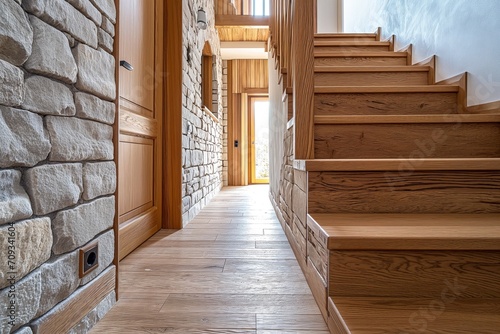 Rustic Elegance: Cozy Hallway with Wooden Staircase and Stone Cladding Wall, Modern Home Interior Entrance