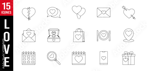 Planche pictogramme icones et symbole amour love saint valentin coeur
