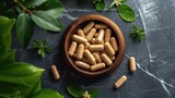 Modern and Ancient Healing, Tablets and Capsules of Ashwagandha Supplement on a Minimalist Surface, Top View, Contrast Between Traditional and Modern Medicine