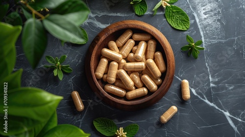 Modern and Ancient Healing, Tablets and Capsules of Ashwagandha Supplement on a Minimalist Surface, Top View, Contrast Between Traditional and Modern Medicine photo