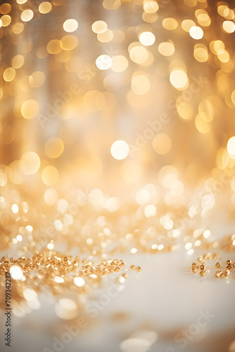 silver white and gold vertical abstract background with copy space, bokeh lights and glitter on wedding anniversary backdrop