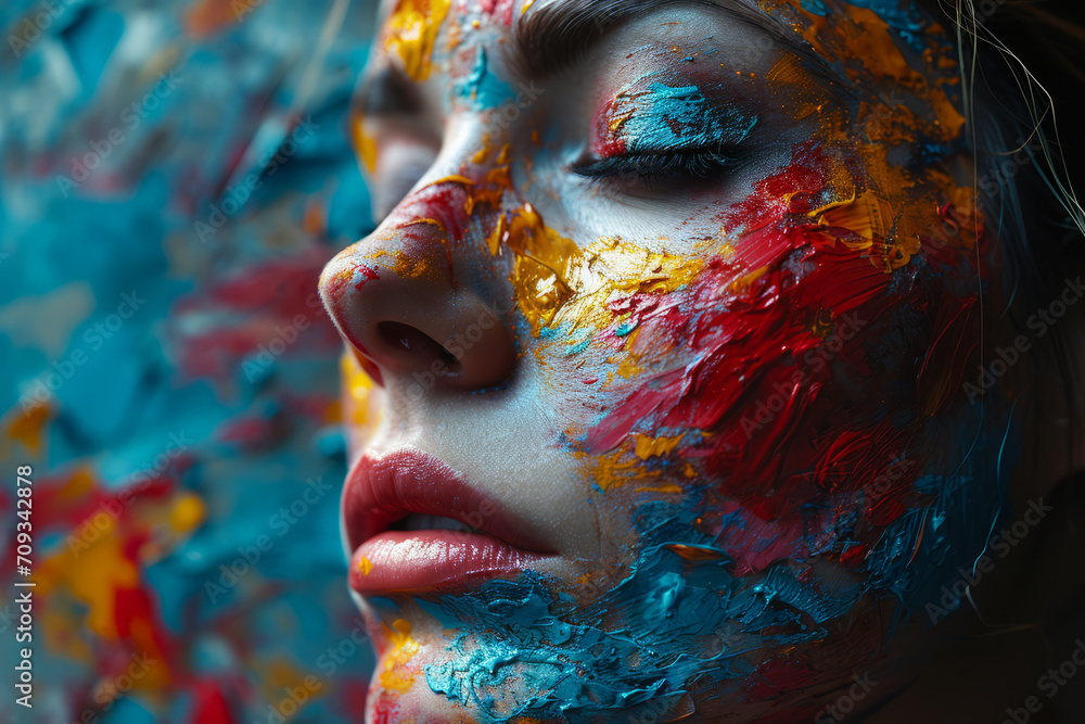 Colorful paint lippainting for womans face. A vibrant image capturing the creativity and individuality of a woman with a painted face.
