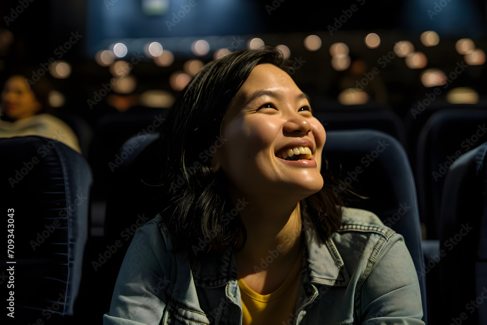 happy Asian woman in cinema watching movie happy Asian woman in cinema watching movie