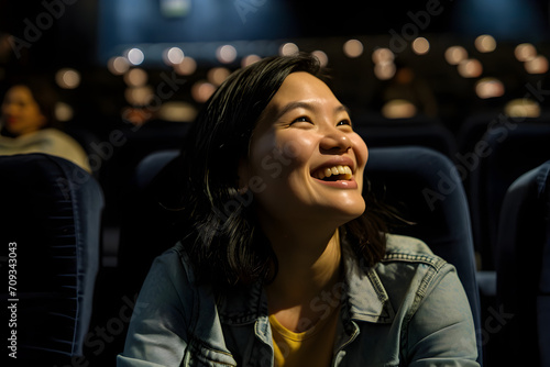 happy Asian woman in cinema watching movie
