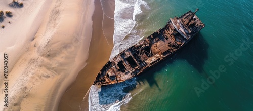 Aerial view of Zeila shipwreck in Skeleton Coast, Namibia, Africa. photo