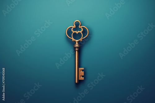 A vintage golden key with an ornate heart shaped bow on a minimal teal background. Real estate concept photo