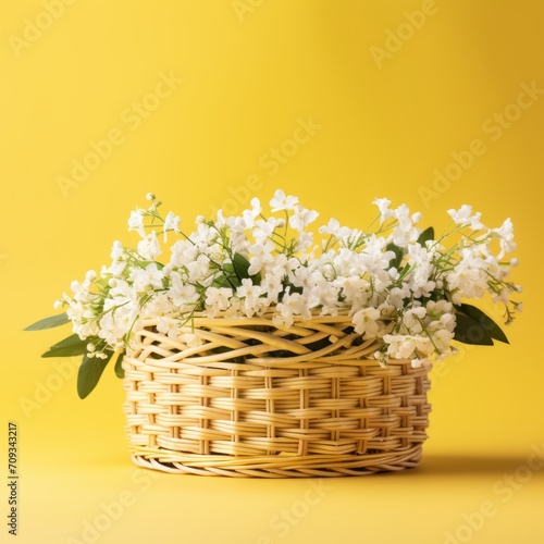 Bouquet of white flowers in a basket on a yellow background. Springtime Concept. Mothers Day Concept with a Copy Space. Valentine's Day with a Copy Space. 