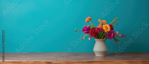 Vase with flowers on wooden table over turquoise wall background. Springtime Concept. Mothers Day Concept with a Copy Space. Valentine s Day with a Copy Space. 
