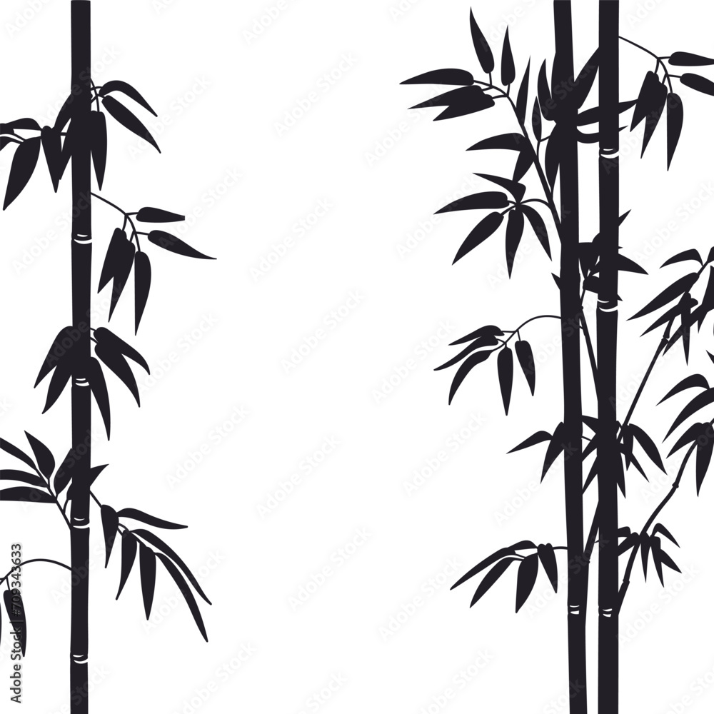 Obraz premium Bamboo sprouts pattern. Chinese or japanese flora, black ink decorative bamboo silhouettes flat vector illustration. Bamboo silhouettes background