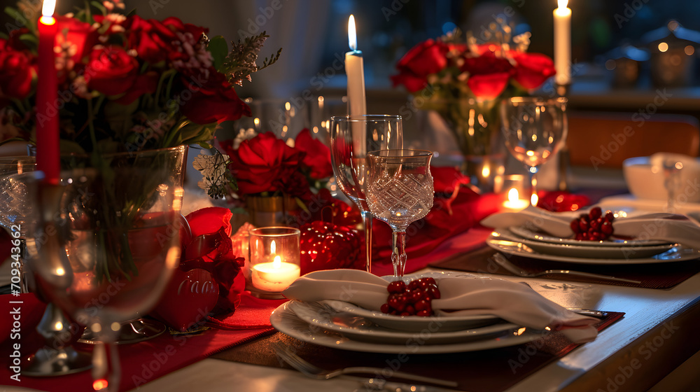 Romantic Valentine's Dinner Table with Candlelight and Flowers