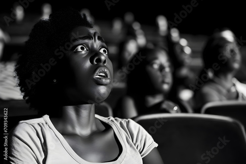 black woman in cinema terrified reaction