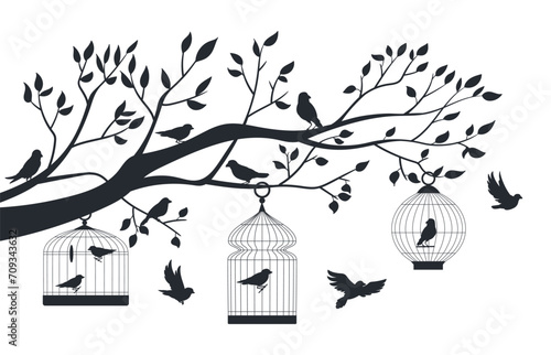 Bird cage on tree. Exotic birds in in metal cages silhouettes, decorative birds, finch, budgie and parrot in tree cage flat vector illustration. Bird cage hanging on tree