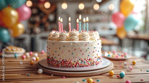 Celebration birthday cake with colorful sprinkles and twenty one colorful birthday candles photo