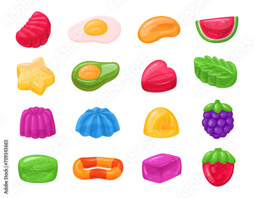 Gummy candy set. Cartoon fruity jelly, chewy sweets with various flavors flat vector illustration set. Delicious jelly candy collection