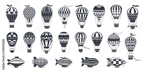Hot air balloons silhouettes. Vintage flying hot air balloons, airships and dirigibles flat vector illustration set. Retro aircrafts silhouettes