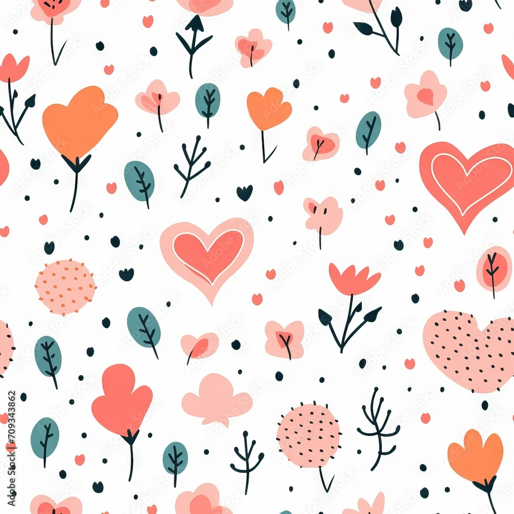 seamless pattern simple doodle flowers and cute hearts on a white background retro style