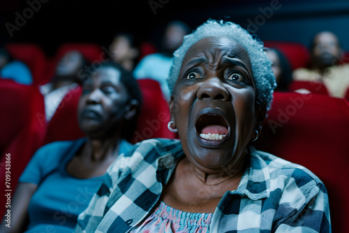 senior black woman in cinema terrified reaction