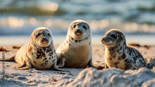 Generative AI image of three cute young sea lions on the beach © Eitan Baron