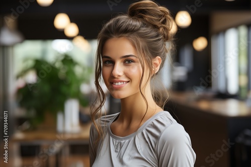 Lovely young woman with stunning light hair smiling for the camera