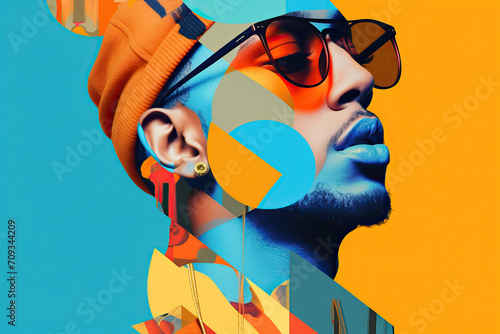 Generative AI image of a Black man overlaid with colorful geometric shapes, wearing an orange beanie and sunglasses looking away, conveying an urban music theme