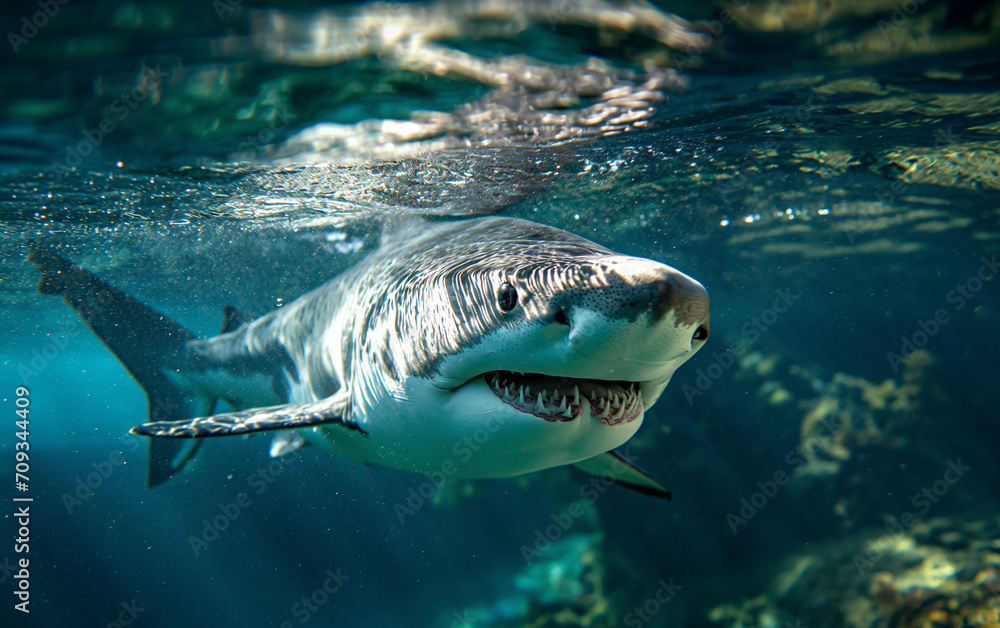 Fototapeta premium Shark in the sea water.Generative AI