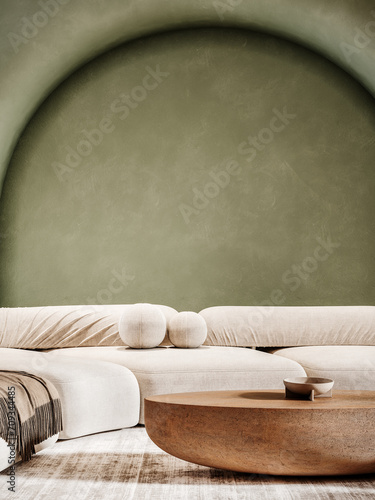 Modern interior design of living room with empty green wall background and white sofa. 3D Rendering, 3D Illustration