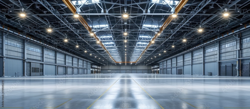 Ceiling air ventilation in a big warehouse. - obrazy, fototapety, plakaty 