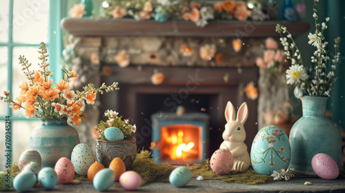 A cosily decorated living room in a cottage  featuring a traditional fireplace with springtime and Easter decorations. Vibrant pastel colours and rustic decor add a festive touch