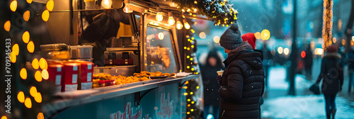 food truck in city winter festival, selective focus