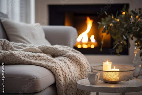 Beige chunky knit throw on grey sofa. Сoffee table with candles against fireplace.  photo