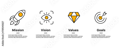 Mission, Vision, Values and Goals Icon Set. Rocket launch, Target, Diamond, Light bulb, icon symbol. company purpose flat icons. business creative concept with 3 steps. web page template