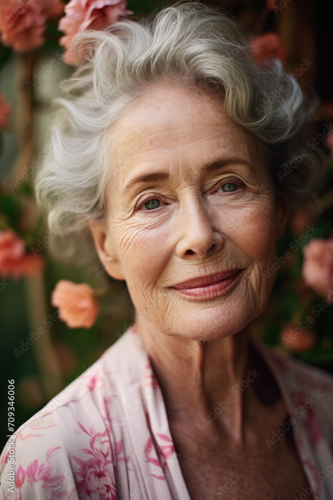 Vertical close up portrait of senior elderly woman with silver hair, blue eyes, surrounded by pink blossoms. Spring time. Graceful Aging Vertical close up portrait of senior elderly woman with silver hair, blue eyes, surrounded by pink blossoms. Spring time. Graceful Aging