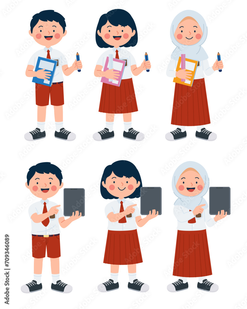 Happy Indonesian Primary kid holding blank tablet, book and pencil Happy Indonesian Primary kid holding blank tablet, book and pencil