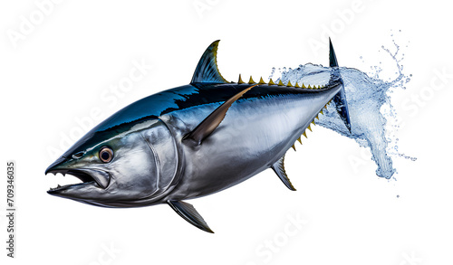 Fresh tuna, with a splash of water, isolated on a white background.