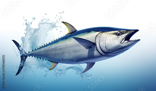 Fresh tuna, with a splash of water, isolated on a white background.