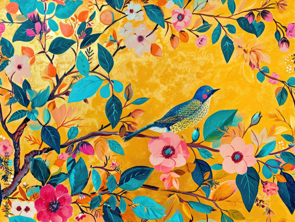 Obraz premium Beautiful Classic Victorian style Poetic and Hand Painted Retro Fine Art canvas for wallpaper and background with Colorful Peacocks, birds, Flowers and plants, Nature-inspired and floral botanical