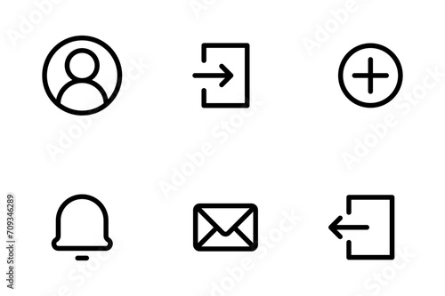 Avatar, User profile icon. Account login icon. Logout icon. Notification bell icon. Email message envelope icon. Add, new, create, plus icon symbol - Web icons set. Editable stroke