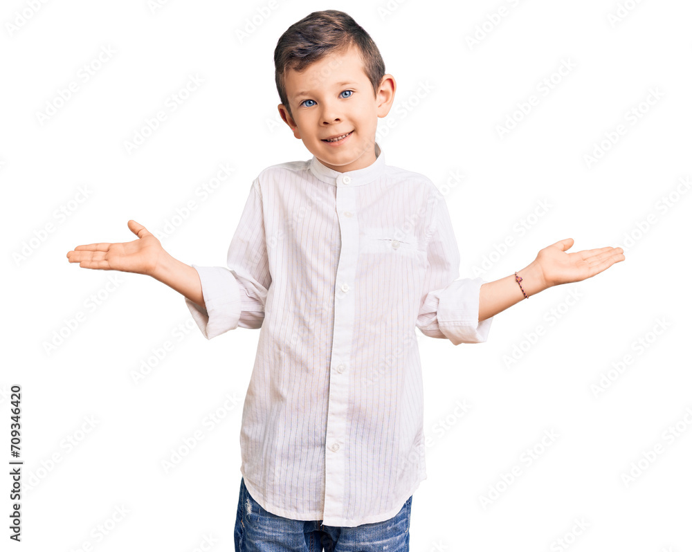 Cute blond kid wearing elegant shirt smiling showing both hands open palms, presenting and advertising comparison and balance Cute blond kid wearing elegant shirt smiling showing both hands open palms, presenting and advertising comparison and balance