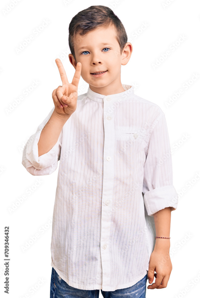 Cute blond kid wearing elegant shirt smiling looking to the camera showing fingers doing victory sign. number two. Cute blond kid wearing elegant shirt smiling looking to the camera showing fingers doing victory sign. number two.