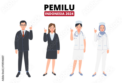 various professions in Indonesia, such as bankers and medical personnel showing their little fingers that have been dipped in election ink
