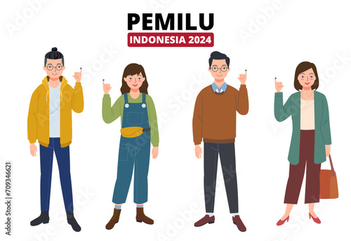 Indonesian young people are showing their hands which have been dipped in election ink