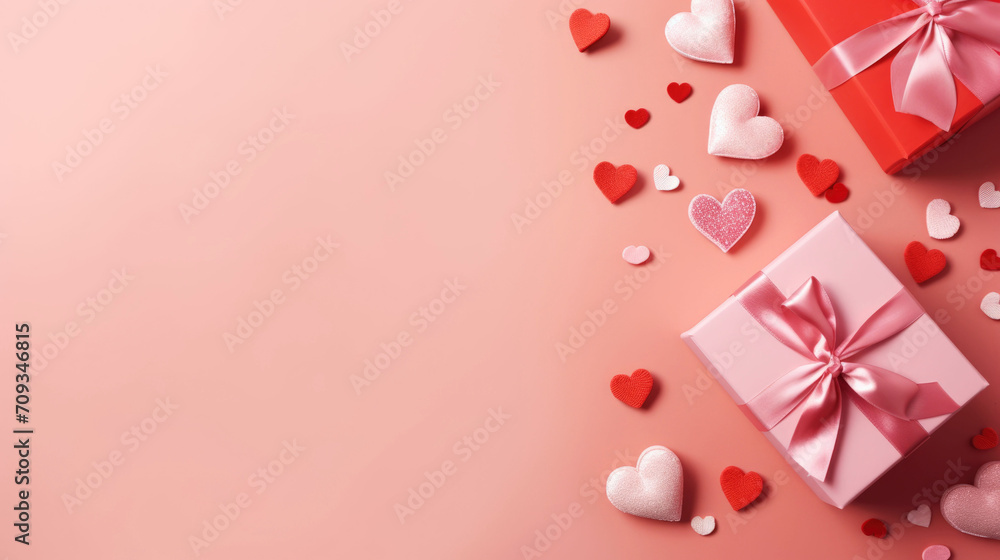 Valentine's day background with hearts and gift box on pink Valentine's day background with hearts and gift box on pink